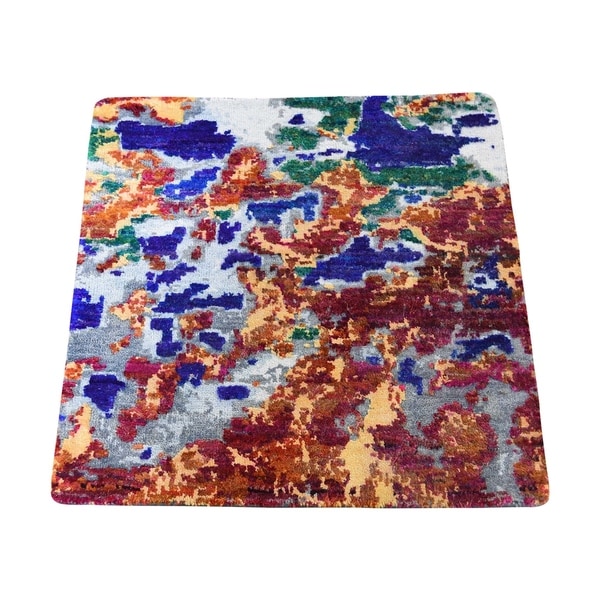 Shahbanu Rugs Sari Silk With Oxidized wool Square Hand-Knotted Oriental Sample Rug (2'0" x 2'0") - 2'0" x 2'0"