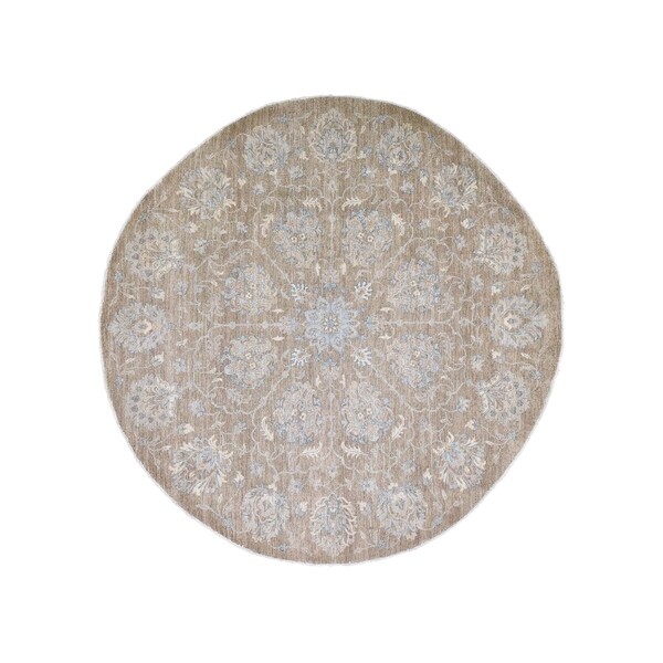 Shahbanu Rugs Hand Knotted Washed Out Round Peshawar Pure Wool Oriental Rug (8'1" x 8'1") - 8'1" x 8'1"