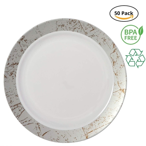 Party Joy 50-Piece Plastic Salad Plate Set Marble Collection Heavy Duty Premium Plastic Plates, Silver. Opens flyout.