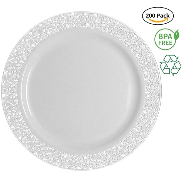 Party Joy 200 Piece Royale White Plastic Plate Set Dinner Plates Heavy Duty Premium
