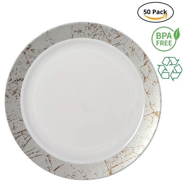 Party Joy 50-Piece Plastic Dinner Plate Set Marble Collection Heavy Duty Premium Plastic Plates, Silver. Opens flyout.