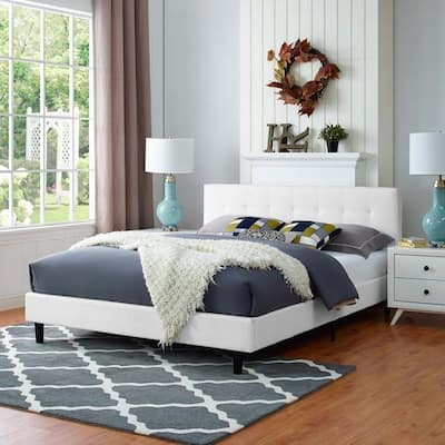 Copper Grove Silistra Queen-size White Fabric Platform Bed with Tufted Headboard