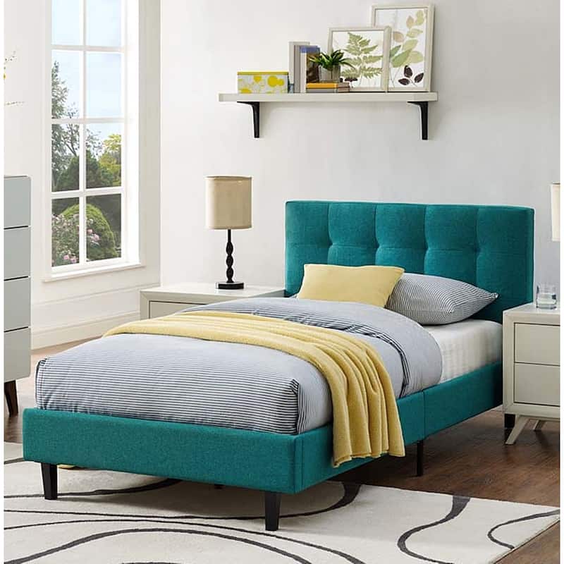 Copper Grove Silistra Twin-size Teal Fabric Platform Bed with Tufted Headboard