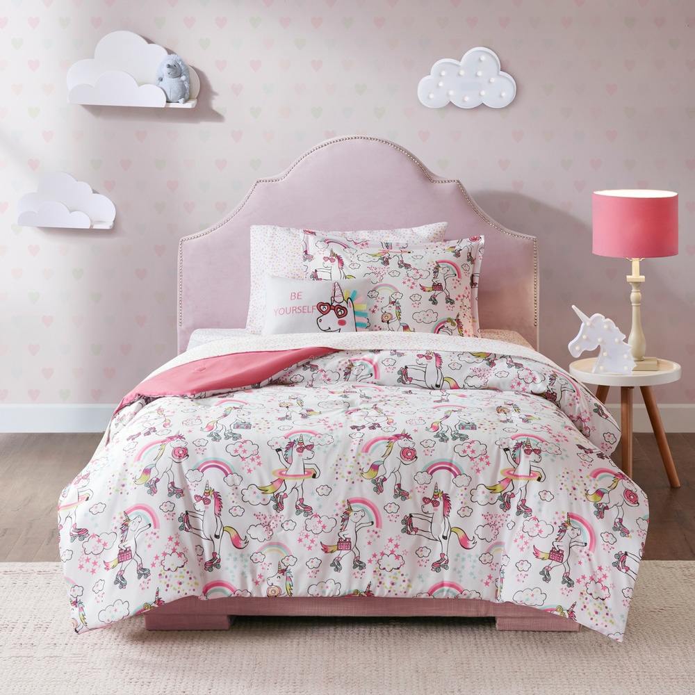 Full KingKara Pink Flower Garden Princess Duvet Cover Set with 1 Pillow Shams for Kids Cotton Blend Floral Pattern 4 Piece Bedding Set