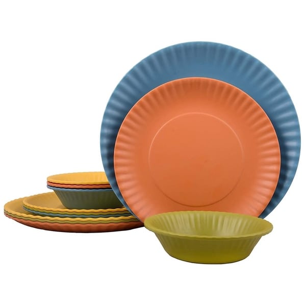 Melange 12-Pcs Melamine Dinnerware Set(Paper Plate Collection) Color: Multicolor, Dinner Plate, Salad Plate & Soup Bowl(4 Each). Opens flyout.