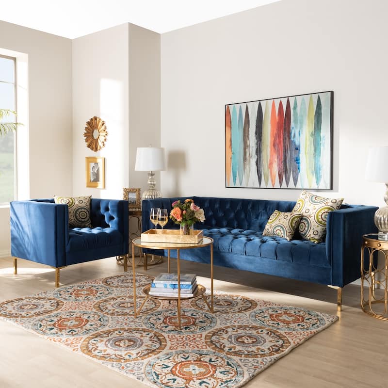 Glam Velvet and Gold Finished 2-Piece Sofa and Lounge Chair Set