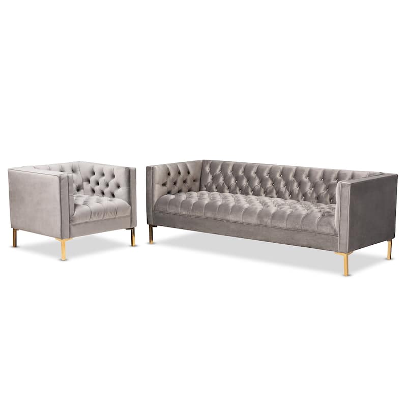 Glam Velvet and Gold Finished 2-Piece Sofa and Lounge Chair Set - Gray