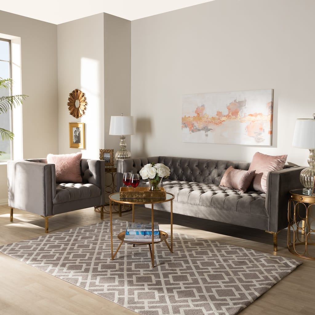 Glam Velvet and Gold Finished 2-Piece Sofa and Lounge Chair Set