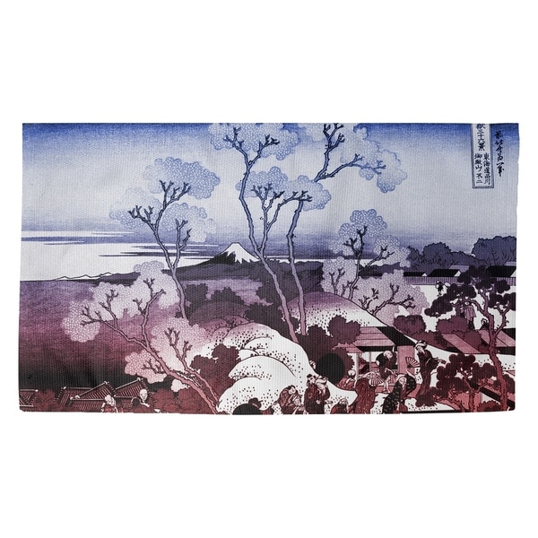Katsushika Hokusai Japanese Cherry Trees in Blue and Red Dobby Rug