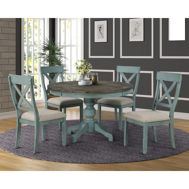 Roundhill Furniture The Gray Barn Spring Mount 5-piece Round Dining Table Set with Cross Back Chairs