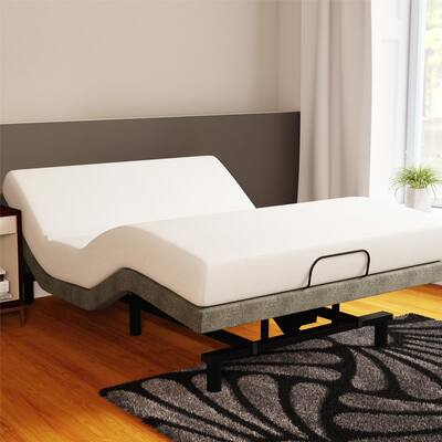 Signature Sleep Memoir 8-Inch Memory Foam Mattress and Power Adjustable Grey Linen Upholstered Bed Foundation- Queen