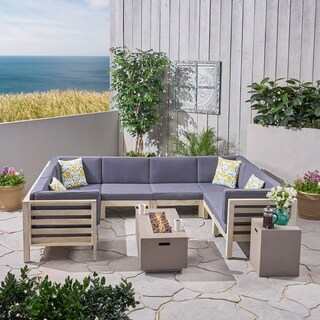 Oana Outdoor 8-Seater U-Shaped Acacia Wood Sectional Sofa Set with Fire Pit by Christopher Knight Home