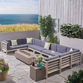 Oana Outdoor 10-Seater U-Shaped Acacia Wood Sectional Sofa Set with Fire Pit by Christopher Knight Home
