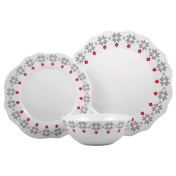 Melange 18-Pcs Dinnerware Set for 6, New Age Holly Dinner Plate, Salad Plate & Soup Bowl(6 Each), 10.5", White
