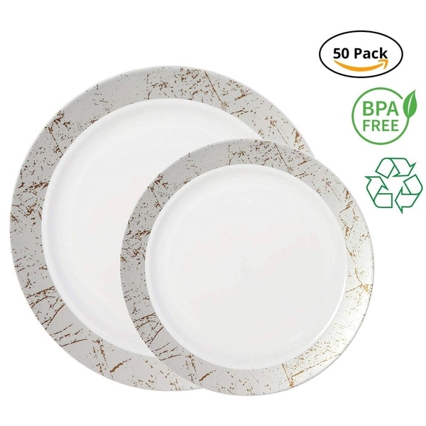 Party Joy 50-Pcs Plastic Dinnerware Set, Marble Collection,(25) Dinner Plates &(25) Salad Plates(Silver). Opens flyout.