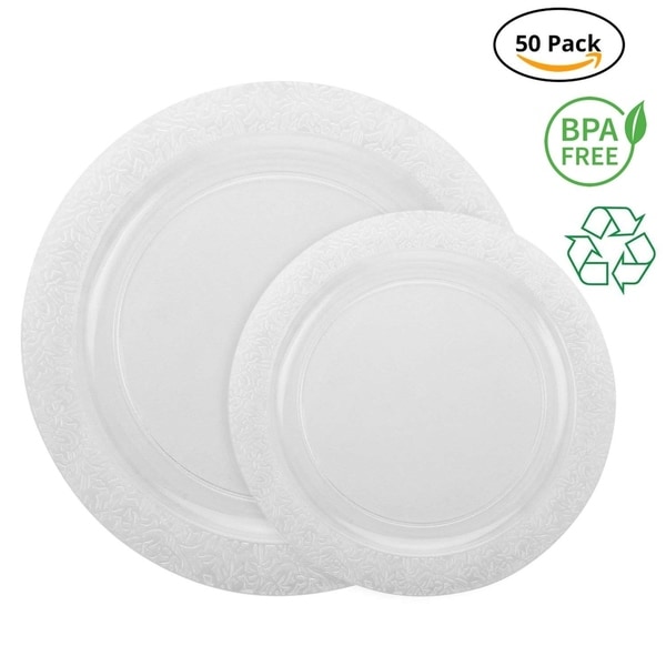Party Joy 50-Pcs Plastic Dinnerware Set, Lace Collection,(25) Dinner Plates &(25) Salad Plates(Clear)
