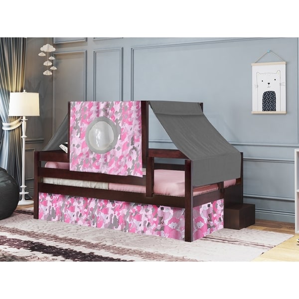 JACKPOT! Princess Twin Bed with Step Pink Camo Tent & Curtains, Cherry