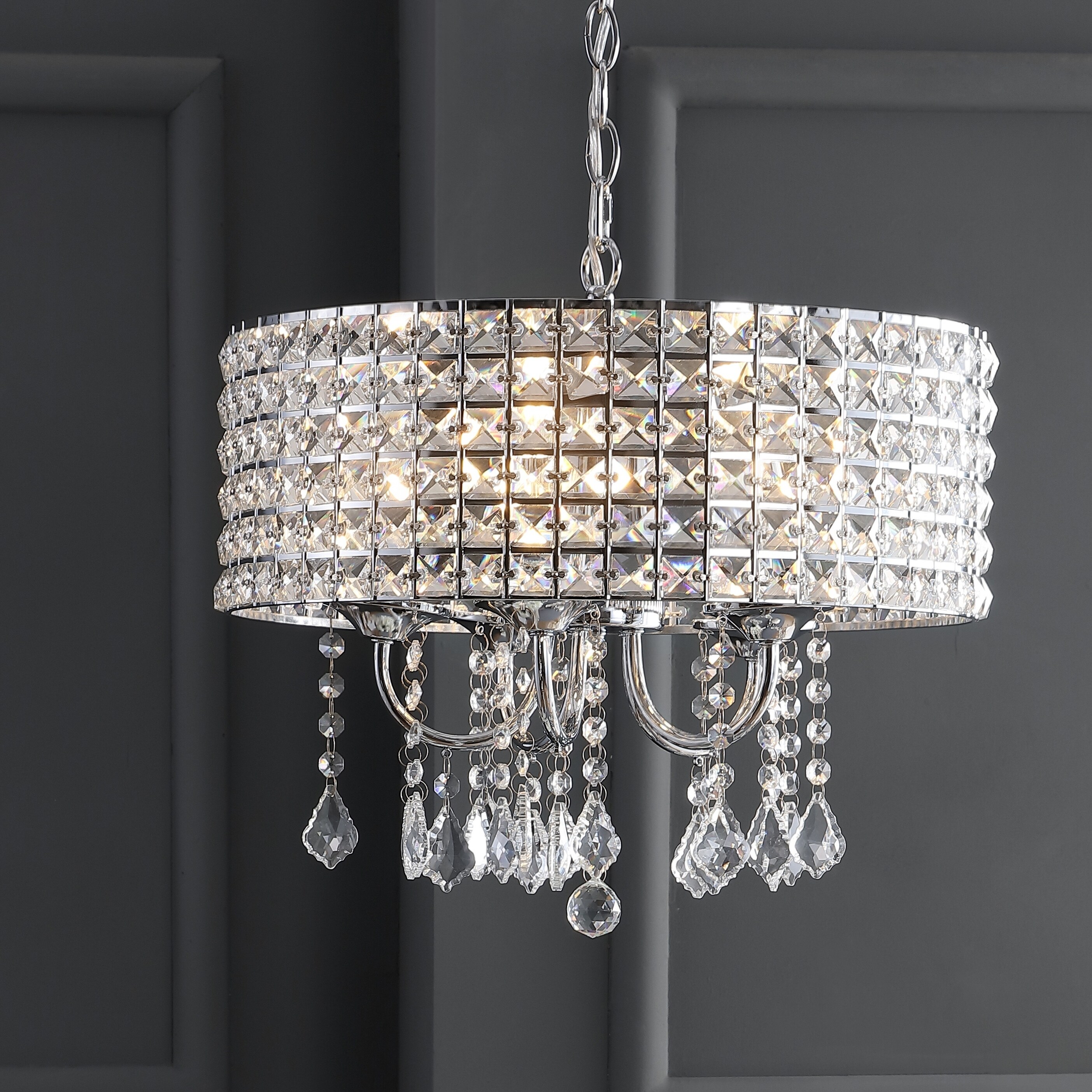 Reese 17" Metal/Crystal LED Adjustable Drop Pendant, Chrome by JONATHAN  Y (Chrome) - Chandeliers For Bedrooms by Overstock.com