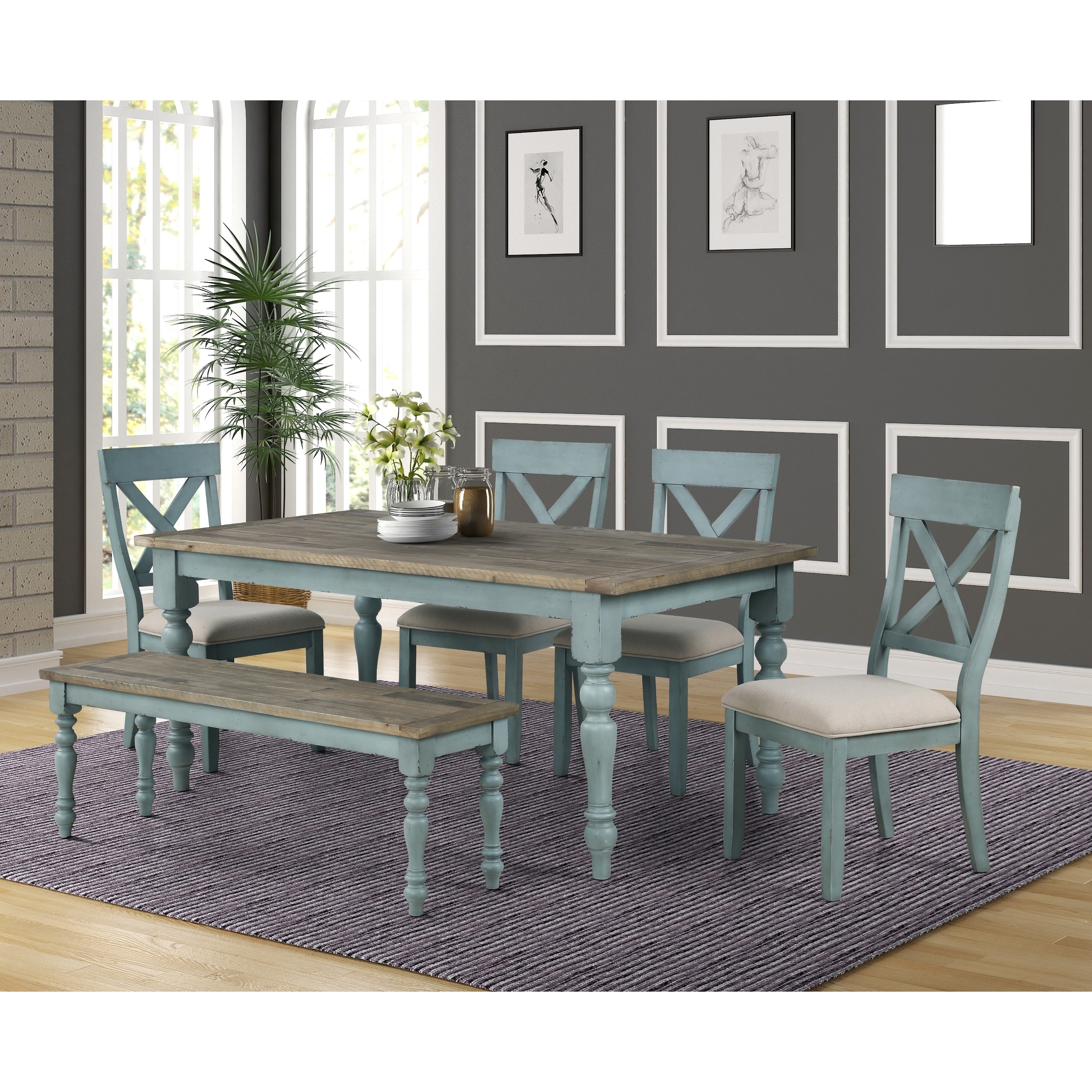 Roundhill Furniture Prato Weathered Blue 6 piece Dining Set On