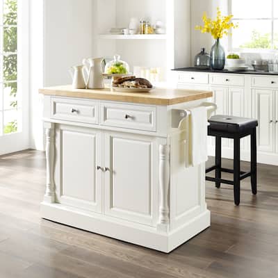 Oxford White Finish Butcher Block Top Kitchen Island with 2 Stools