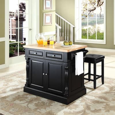 Oxford Butcher Block Top Kitchen Island in Black Finish with Stools - 47.75 "W x 23 "D x 35.75 "H