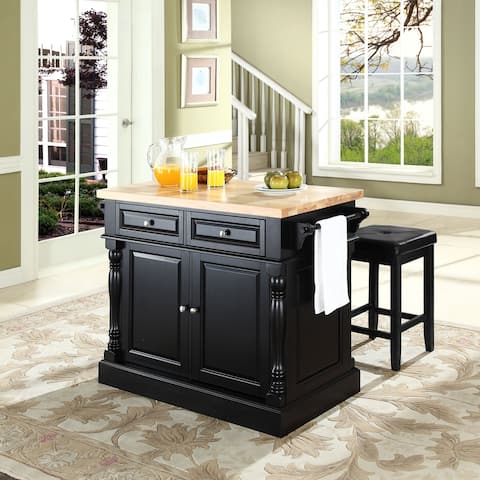 Oxford Butcher Block Top Kitchen Island in Black Finish with Stools - 47.75 "W x 23 "D x 35.75 "H