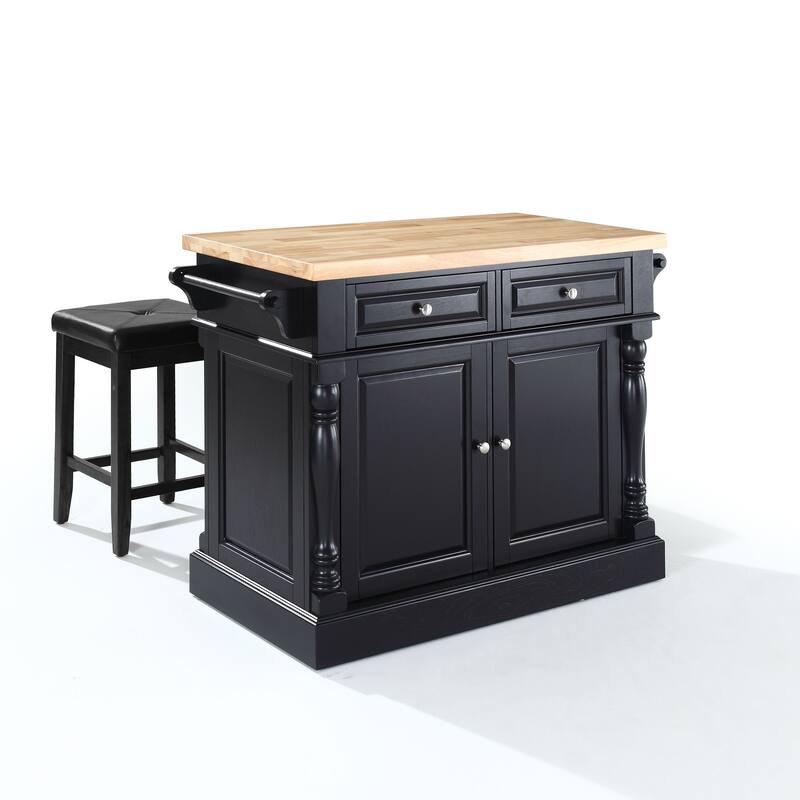 Crosley Oxford Butcher Block Top Kitchen Island in Black Finish with