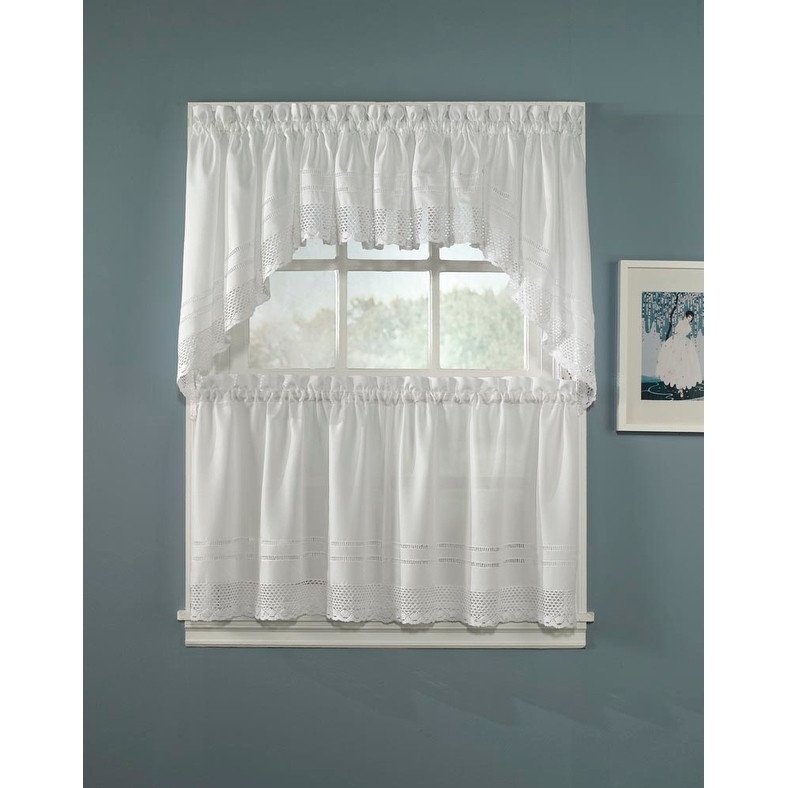 Creative Linens White Knitted Crochet Lace Kitchen Curtain Valance – 100% Cotton, 40-60 Inch Width, Model #3918W