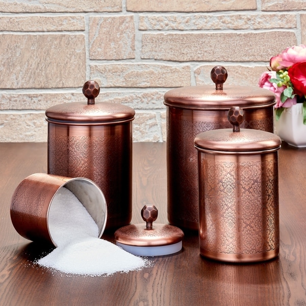 4 Pc. Antique Copper "Floral" Canister Set, 4¾ Qt, 3¾ Qt, 2¼ Qt, ¾ Qt - Antique Copper