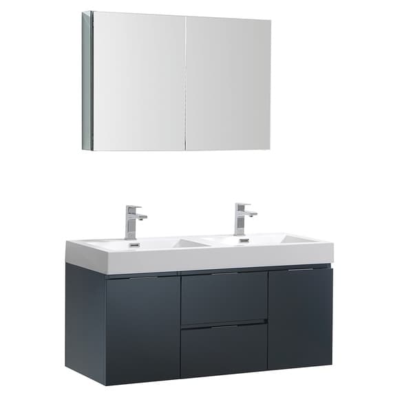 Fresca Valencia 48" Dark Slate Gray Wall Hung Double Sink Modern Bathroom Vanity w/ Medicine Cabinet