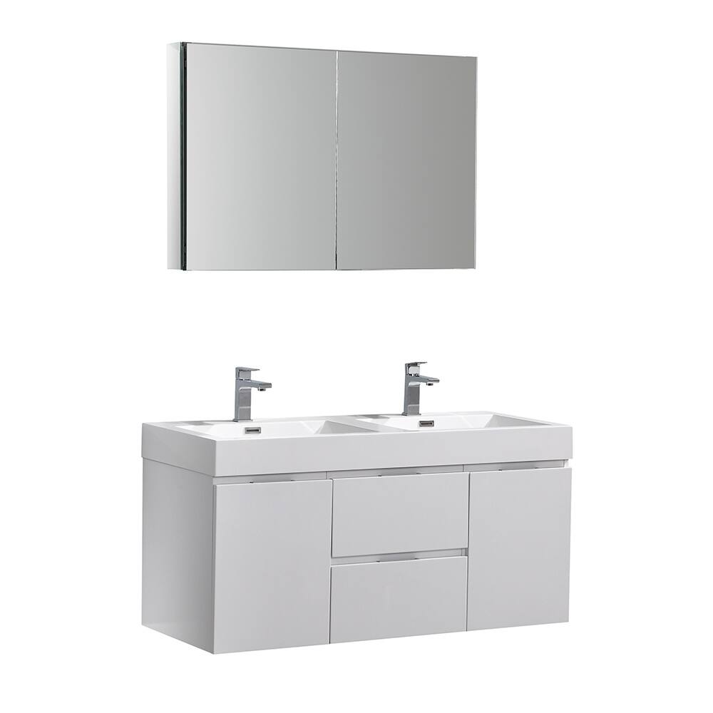 Fresca Valencia 48" Glossy White Wall Hung Double Sink Modern Bathroom Vanity w/ Medicine Cabinet
