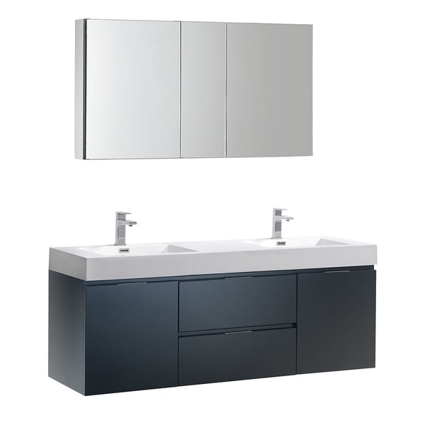 Fresca Valencia 60" Dark Slate Gray Wall Hung Double Sink Modern Bathroom Vanity w/ Medicine Cabinet