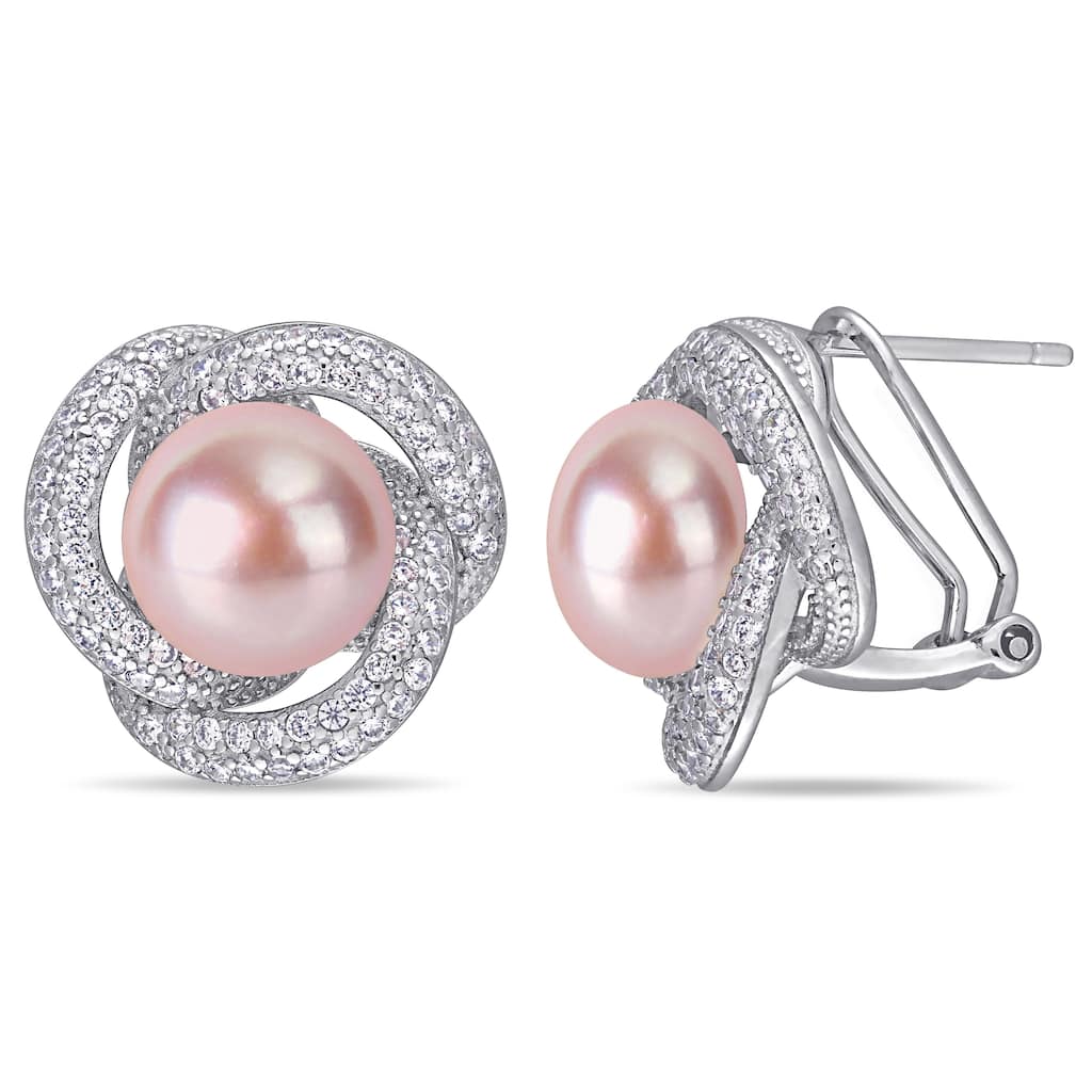 Miadora Sterling Silver Pink Cultured FW Pearl and CZ Swirl Halo Earrings (10-11 mm)
