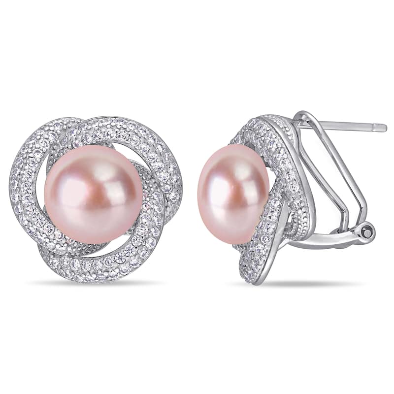 Miadora Sterling Silver Pink Cultured FW Pearl and CZ Swirl Halo Earrings (10-11 mm)