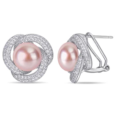 Miadora Sterling Silver Pink Cultured FW Pearl and CZ Swirl Halo Earrings (10-11 mm)