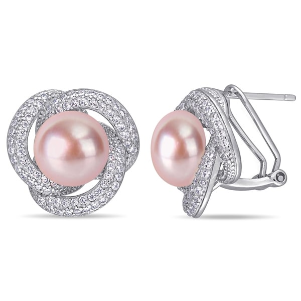 Miadora Sterling Silver Pink Cultured FW Pearl and CZ Swirl Halo Earrings (10-11 mm). Opens flyout.