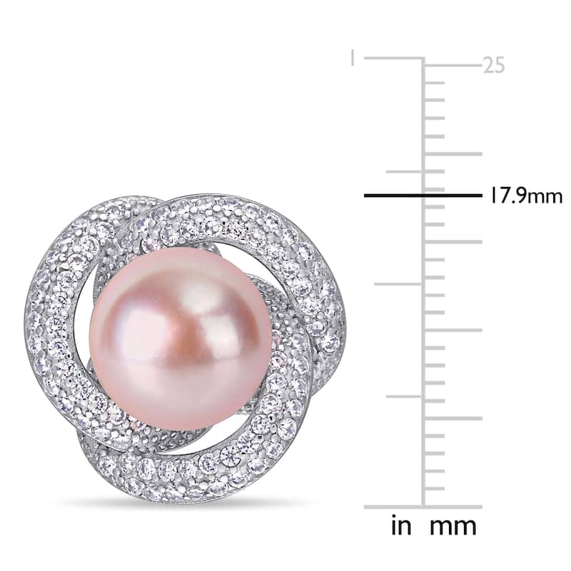 Miadora Sterling Silver Pink Cultured FW Pearl and CZ Swirl Halo Earrings (10-11 mm)