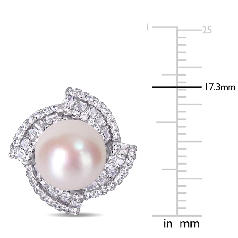 Miadora Sterling Silver Cultured FW Pearl and CZ Swirl Halo Stud Earrings (9-10 mm)
