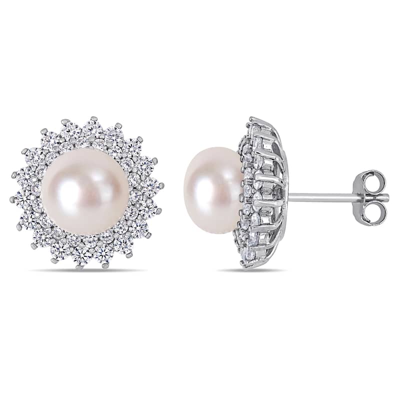 Miadora Sterling Silver Cultured FW Pearl and CZ Floral Halo Stud Earrings (8-9 mm)