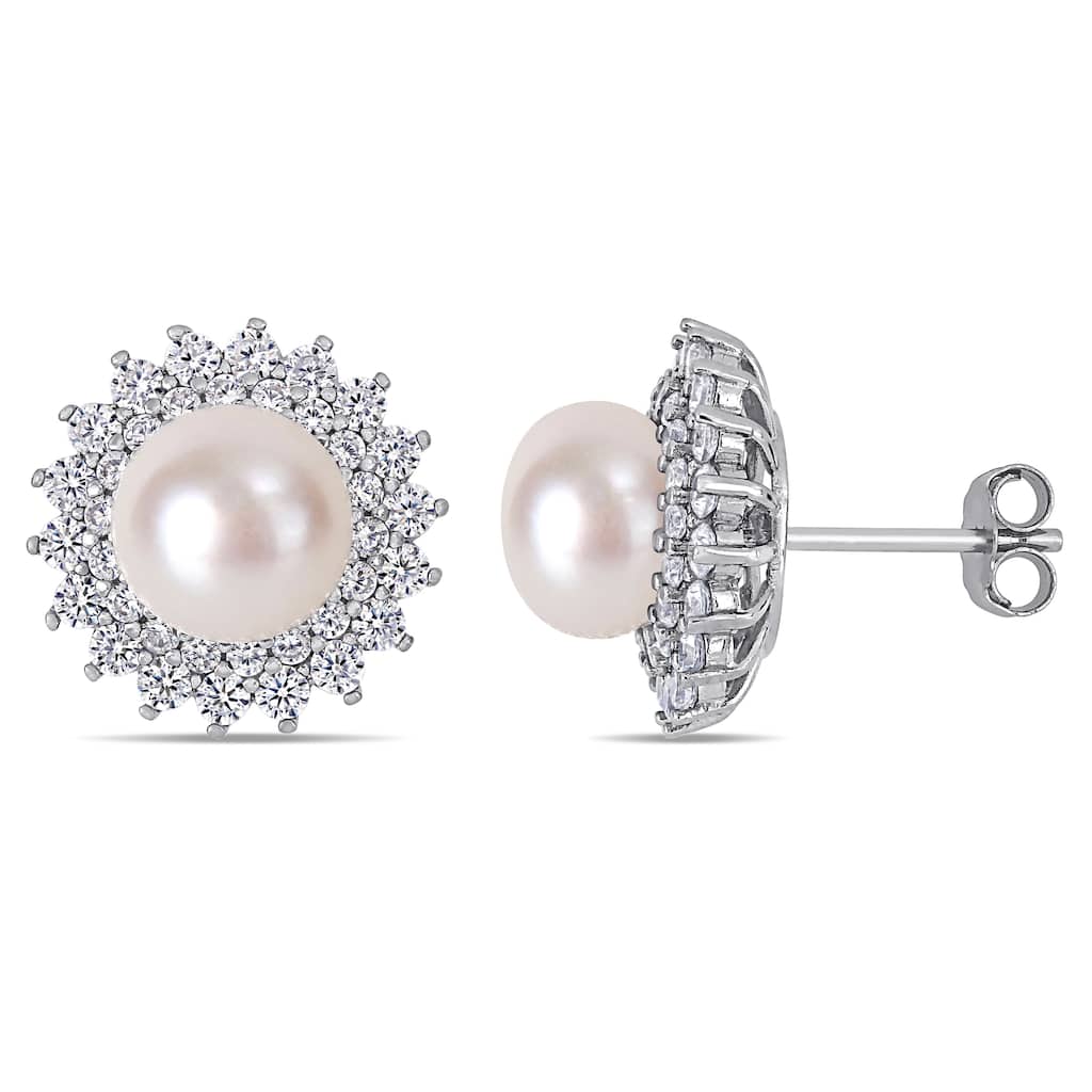 Miadora Sterling Silver Cultured FW Pearl and CZ Floral Halo Stud Earrings (8-9 mm)