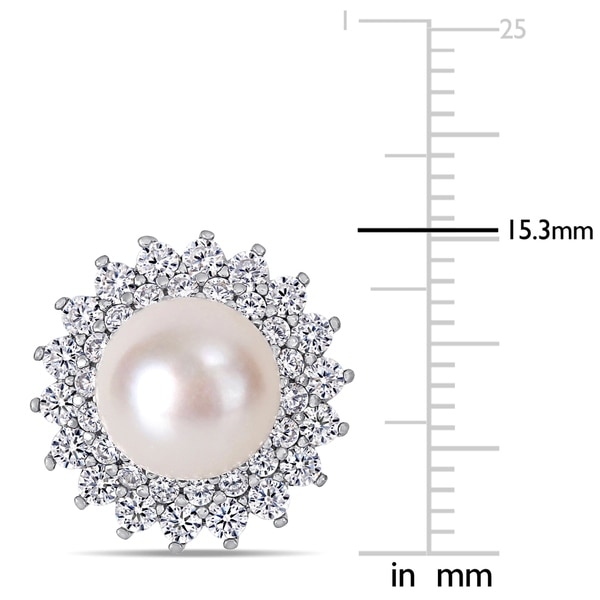 Miadora Sterling Silver Cultured FW Pearl and CZ Floral Halo Stud Earrings (8-9 mm)