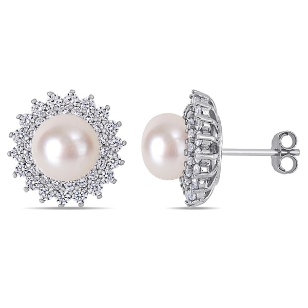 Miadora Sterling Silver Cultured FW Pearl and CZ Floral Halo Stud Earrings (8-9 mm). Opens flyout.