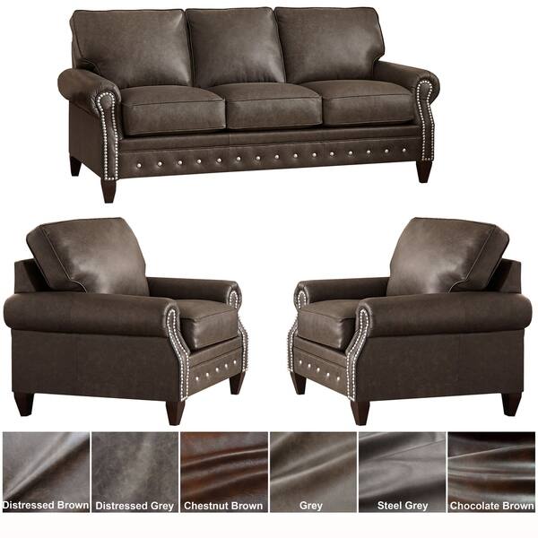 slide 1 of 14, Payne Top Grain Leather Sofa Bed and Two Chairs