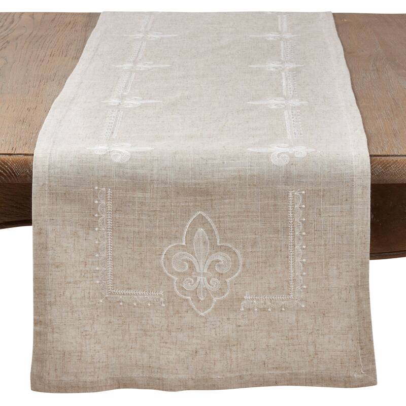 Embroidered Runner With Fleur-de-Lis Design - Natural
