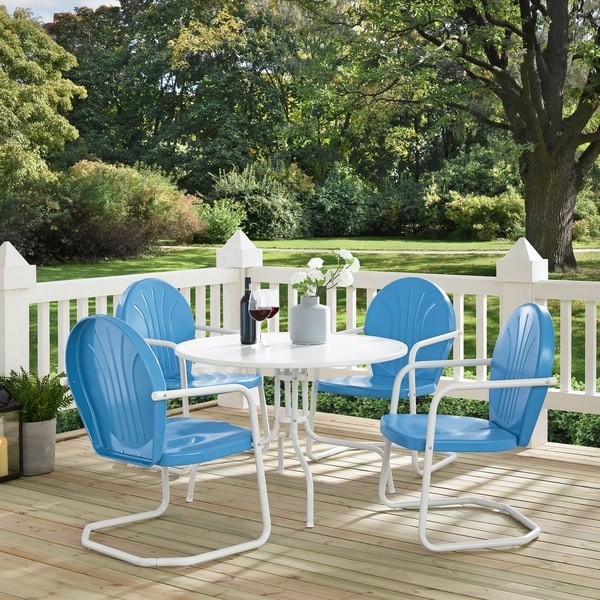 blue and white patio dining set