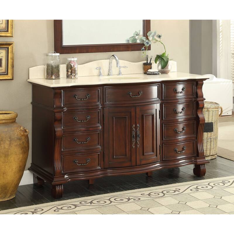 60 inch Antique Style Cherry Wood Hopkinton Bathroom Sink Vanity Creama Mafil Stone Top