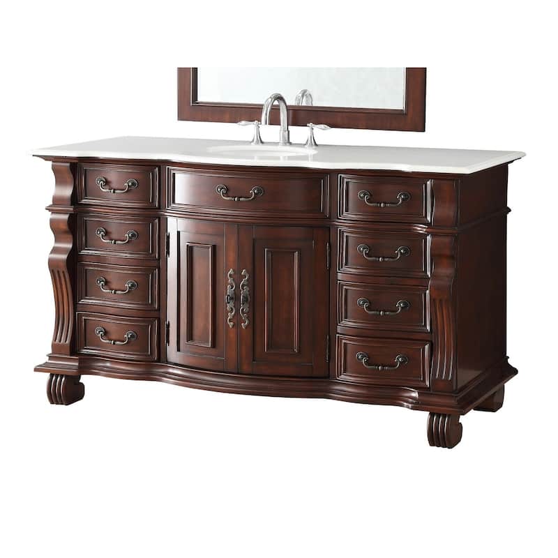 60 inch Antique Style Cherry Wood Hopkinton Bathroom Sink Vanity White Marble Top