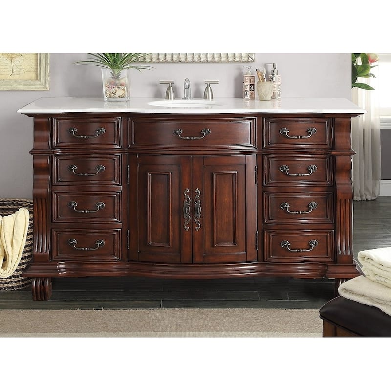 60 inch Antique Style Cherry Wood Hopkinton Bathroom Sink Vanity White Marble Top - Cherry Finish - Brown - Single Vanities
