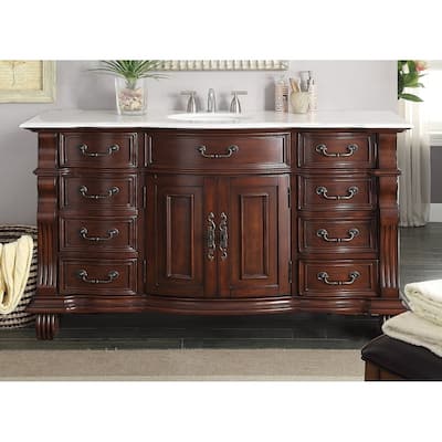 60 inch Antique Style Cherry Wood Hopkinton Bathroom Sink Vanity White Marble Top