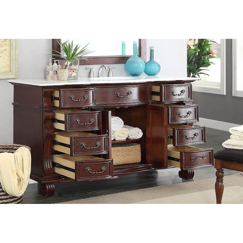 60 inch Antique Style Cherry Wood Hopkinton Bathroom Sink Vanity White Marble Top